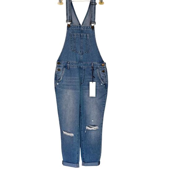 Mica Denim Boyfriend Overalls Medium Wash Distressed Skinny Leg Size Small - Picture 1 of 14